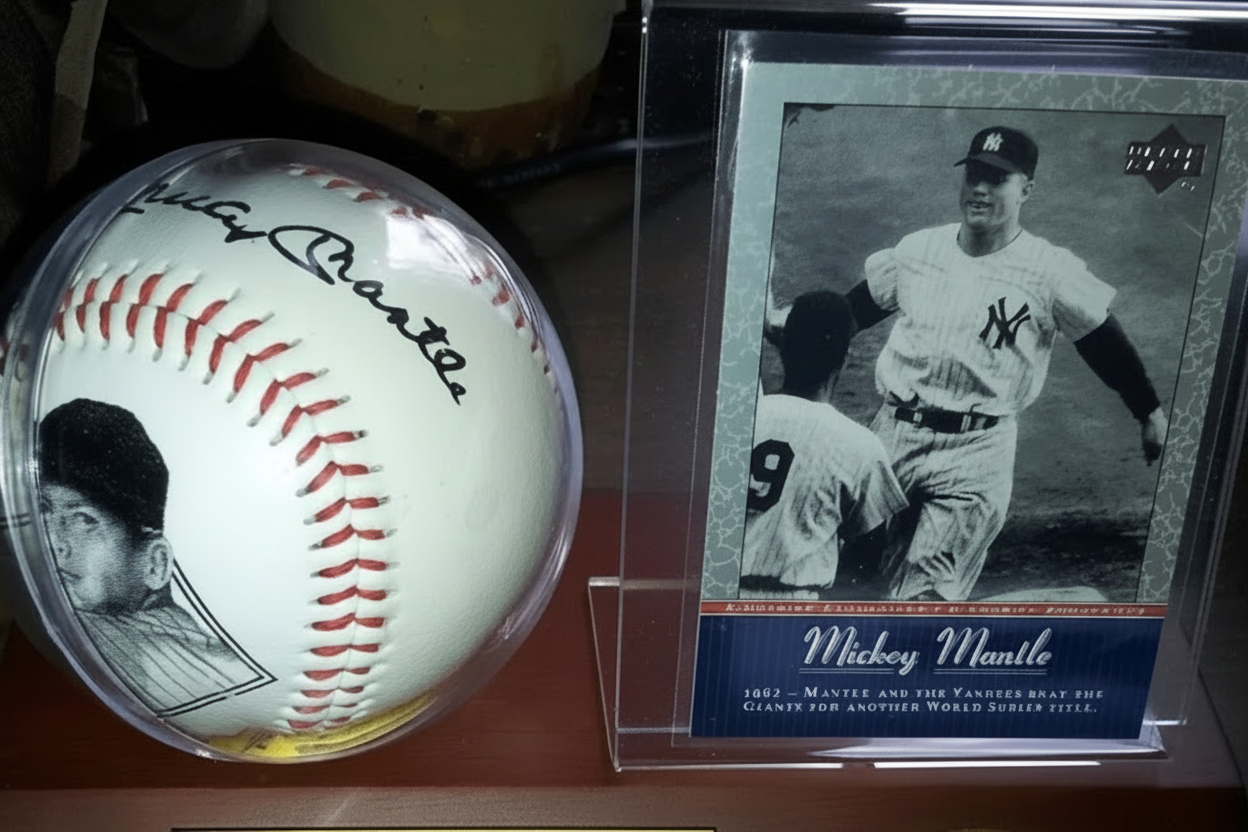 Mickey Mantle Signed Ball & Card Display Plaque - Certified Authentic