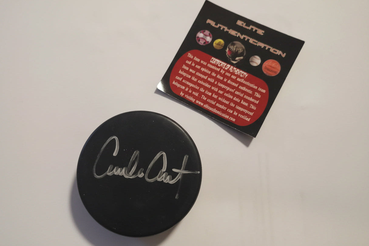 Close up of Emilio Estevez autograph on Mighty Ducks hockey puck