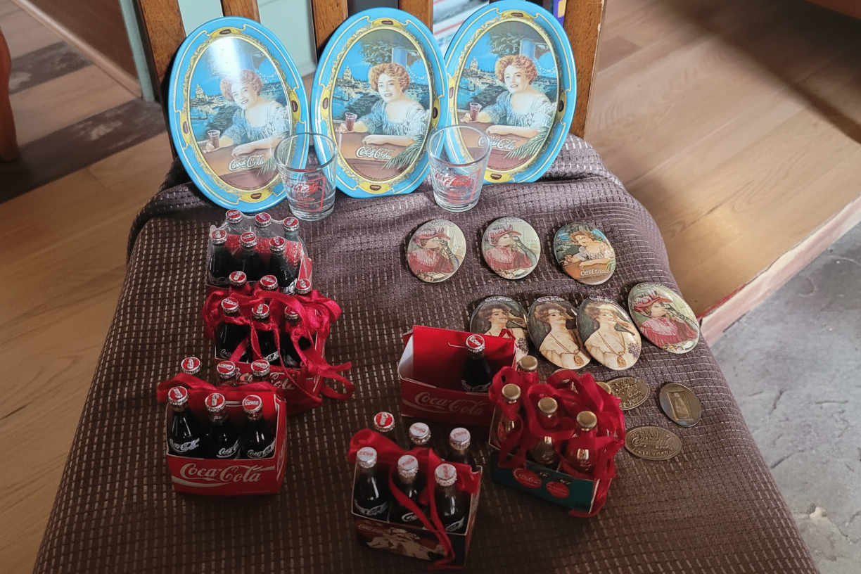 Lote de artículos coleccionables vintage de Coca-Cola: carteles, botellas y recuerdos
