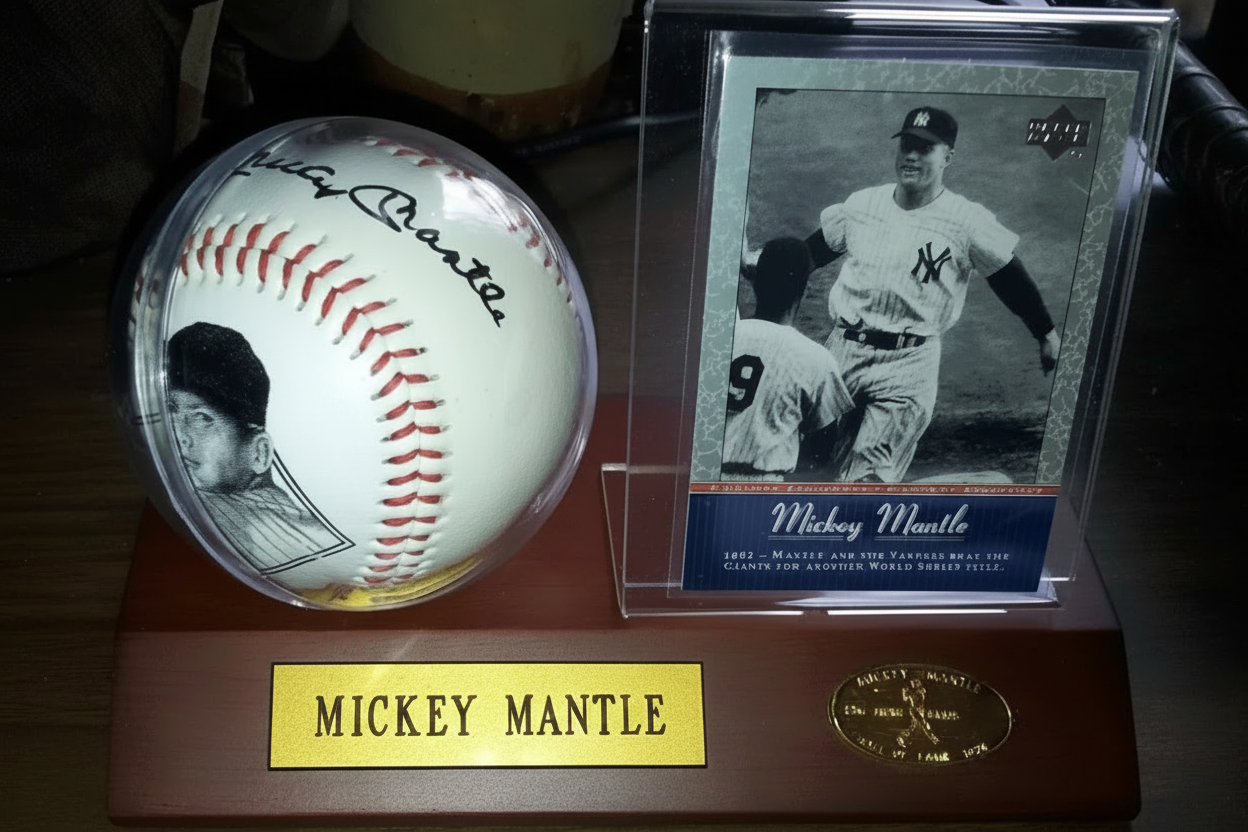 Mickey Mantle, Ball & Card on Plaque, Certified,