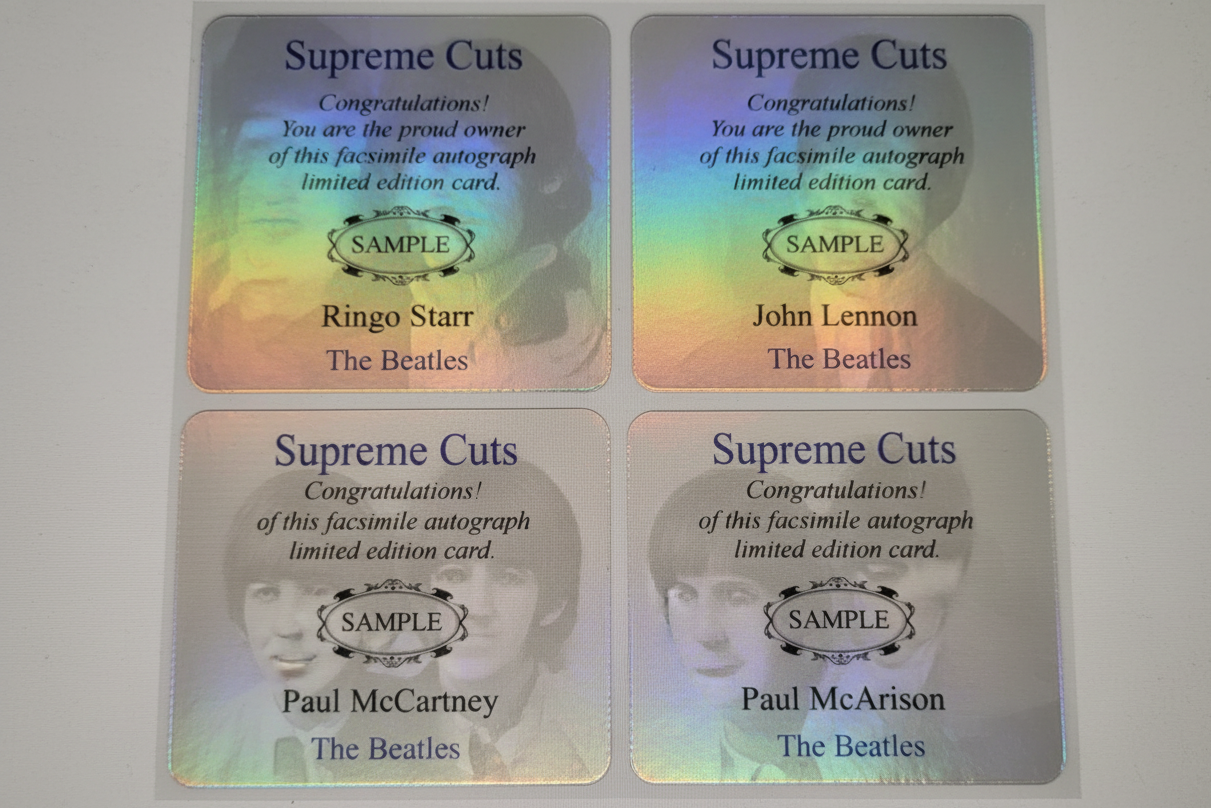 The Beatles Supreme Cuts Embossed, Die Cut Facsimile Signatures,(4) card Rosa's Aromatherapy