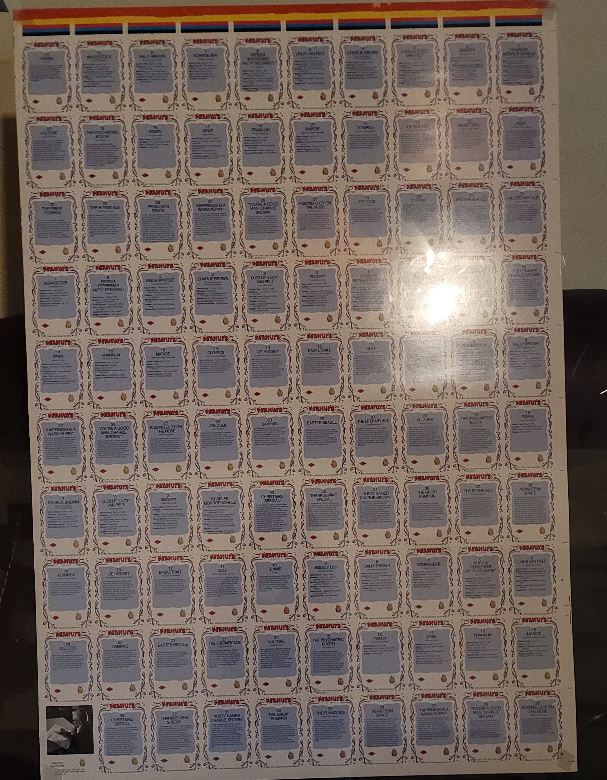 Uncut sheet of Peanuts Trading Card, 99 Card Sheet,